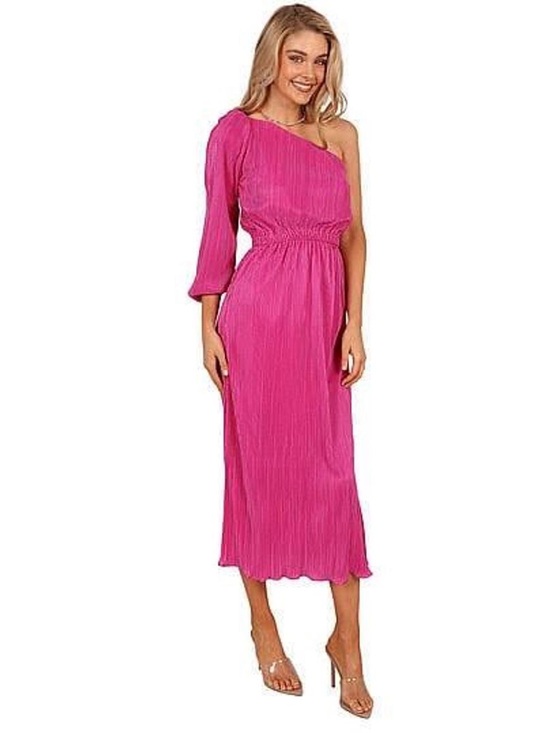 Petal & Pup Dresses & Skirts - Petal & Pup One-Shoulder Hot Pink Pleated Midi Dress